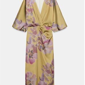 Zara Gold Midi Dress with Purple Floral Design